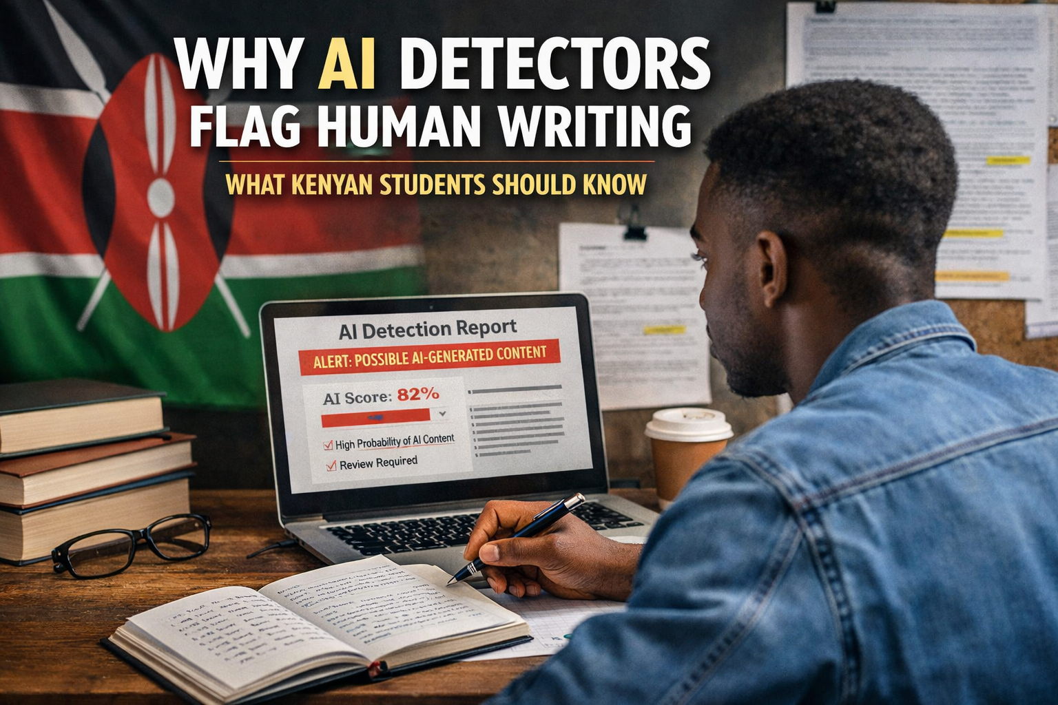Kenyan student reviewing an AI detection report on a laptop while writing an academic paper