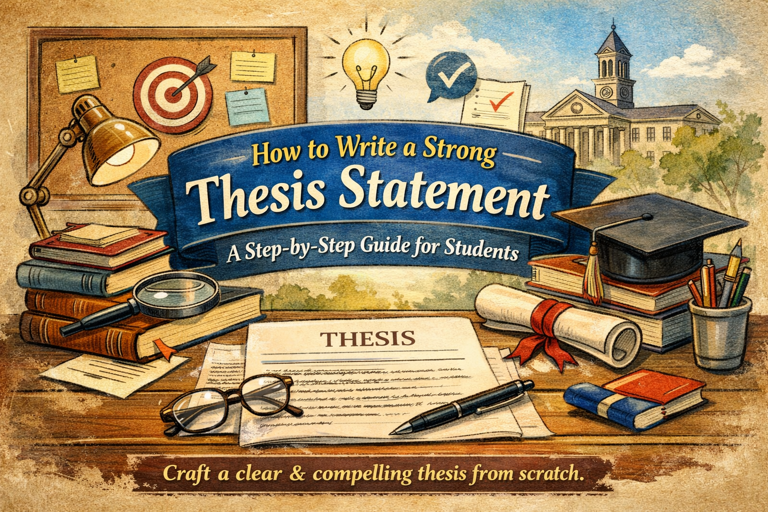 A study desk with books, notes, and a thesis document, illustrating how to write a strong thesis statement for academic essays.