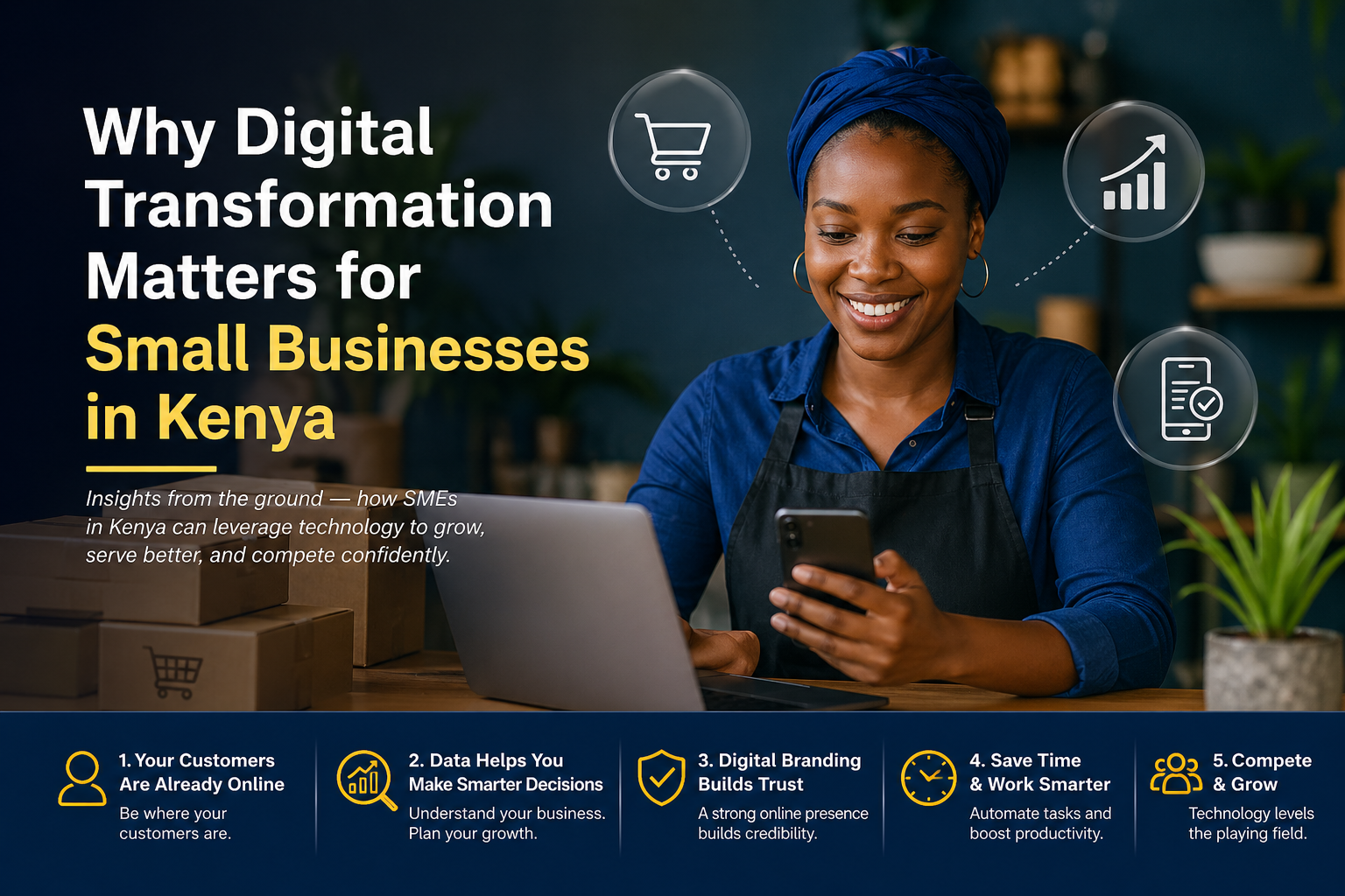 A young Kenyan entrepreneur working on a laptop in a modern workspace, representing digital transformation for small businesses in Kenya.