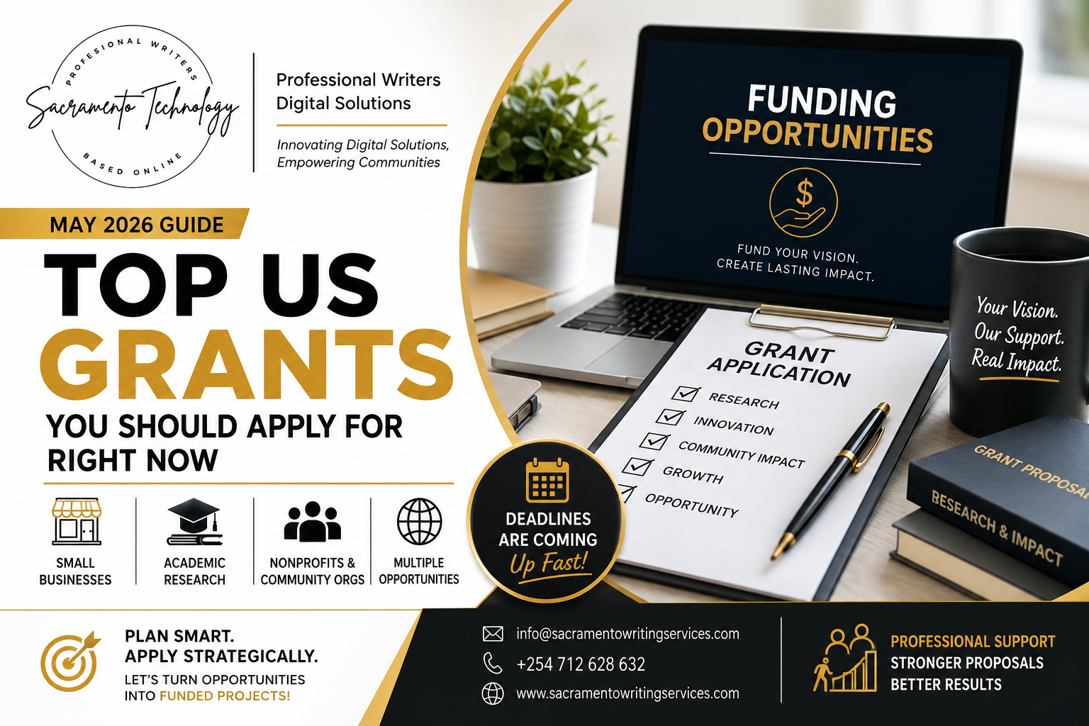 Featured image for Sacramento Technology’s May 2026 grants blog. The graphic features Sacramento Technology’s official circular handwritten logo in the top left, with a clean black, white, and gold brand theme. Large bold text reads, “Top US Grants You Should Apply For Right Now.” On the right, a modern workspace setup includes a laptop displaying “Funding Opportunities,” a grant application clipboard, books, and a coffee mug. Icons highlight funding opportunities for small businesses, academic research, nonprofits, and community organizations. Contact details and a call-to-action appear at the bottom, emphasizing professional grant support and strategic funding guidance.