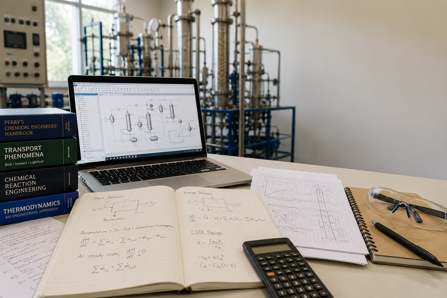 Chemical engineering study desk with mass balance and CSTR design notes, reference textbooks, scientific calculator, safety glasses and process simulation software on a laptop