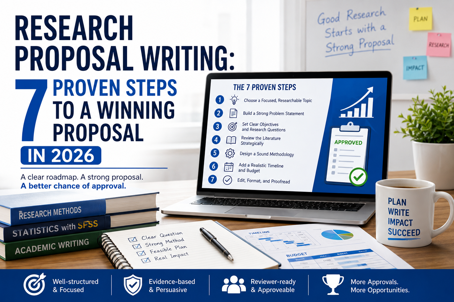 Research proposal writing process shown on a desk with a laptop and notes